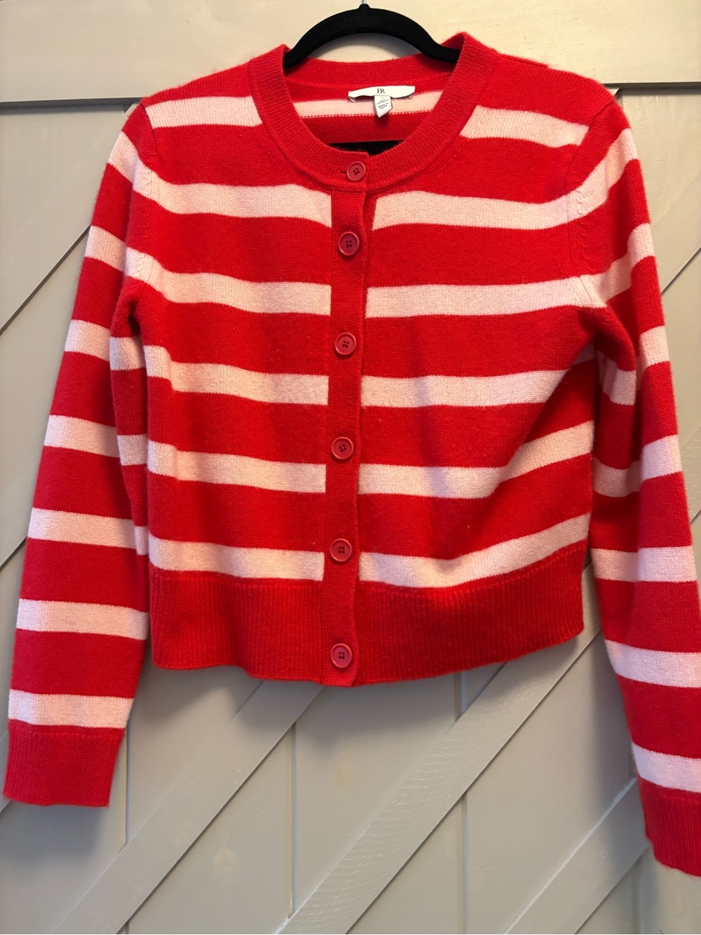 Banana Republic Cashmere Red and Pale Blush Striped Button Cardigan